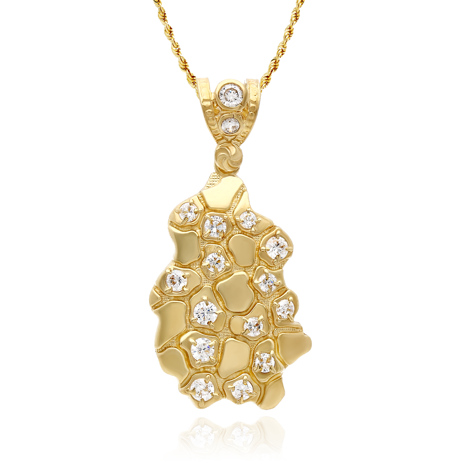 10K Yellow Gold Simulated Diamond Nugget Pendant 1.5"-2.3"