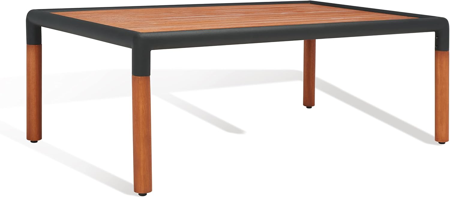 SAFAVIEH Outdoor Couture Collection Tommy Tropical Black Metal/Natural Solid Wood Rectangular Patio Coffee Table (CPT1029A)