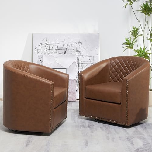29" Wide Tufted Faux Leather Swivel Barrel Chair Set of 2, PU Leather Modern Upholstered Accent Chairs with Nailhead Trim, Small Armchair for Living Room Bedroom, Cream