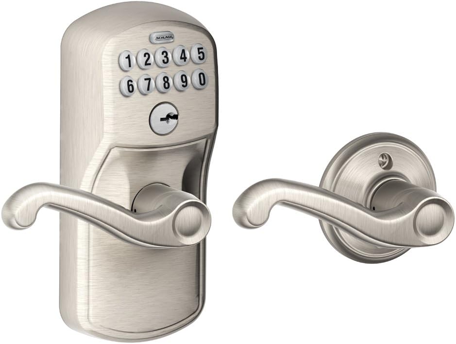 SCHLAGE FE595 CAM 619 GEO Camelot Keypad Entry with Flex-Lock and Georgian Style Knobs, Satin Nickel