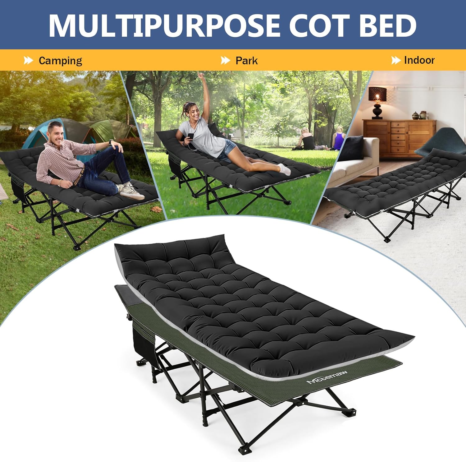 Nictemaw Folding Camping Cot, Portable Camping Cot for Adults, 900LBS Heavy Duty Sleeping Cots with Carry Bag, Double Layer Oxford Portable Travel Camp Cots for Home Office Outdoor(Green Stripes)