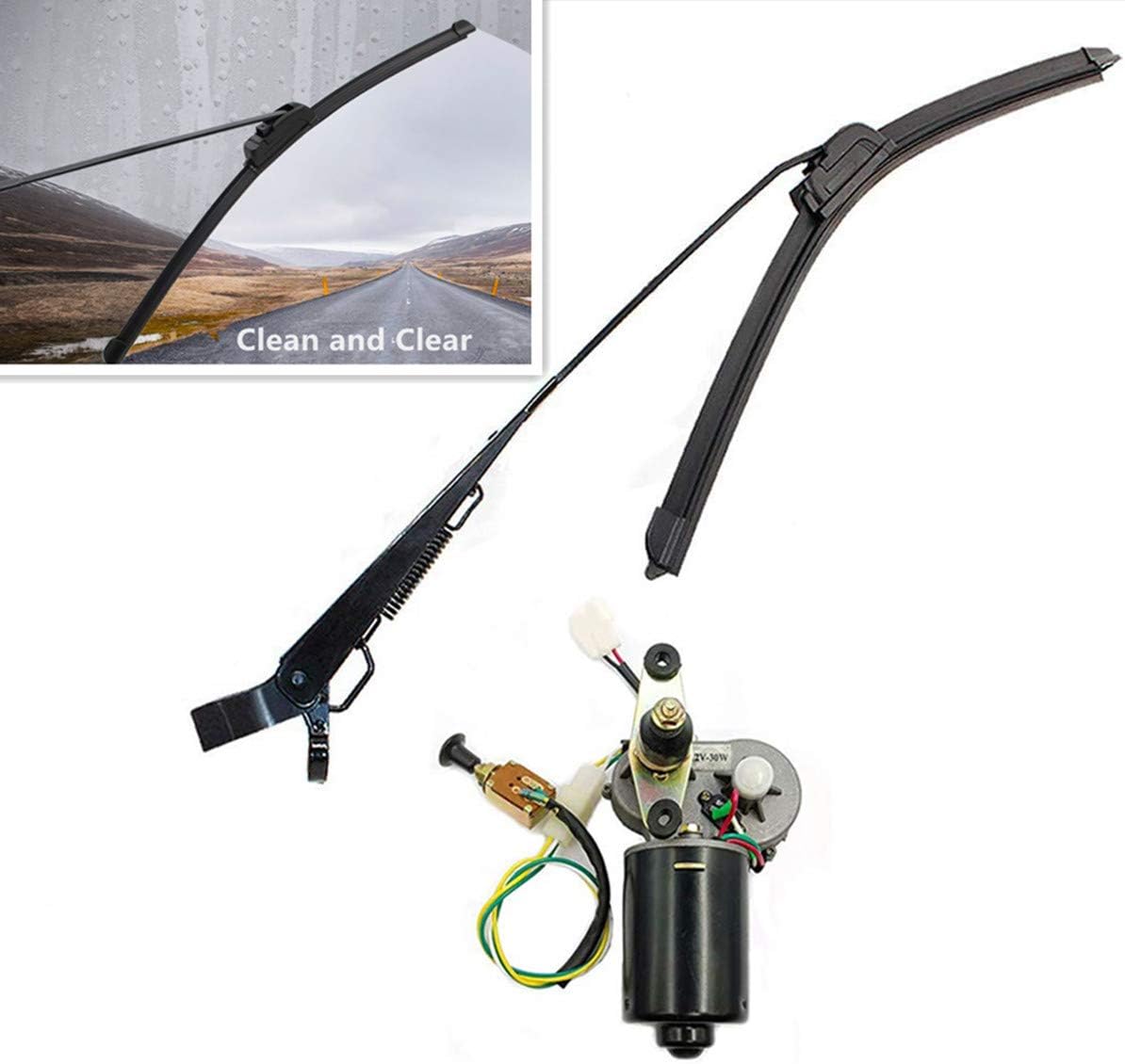 Qarmar Universal 12V Electric Wiper Motor Assembly Universal UTV Hard Coated Polycarbonate Windshield Wiper Arm Wiper Blade Motor Kit with Automatic Return Function （350mm/400mm） Pack of 2