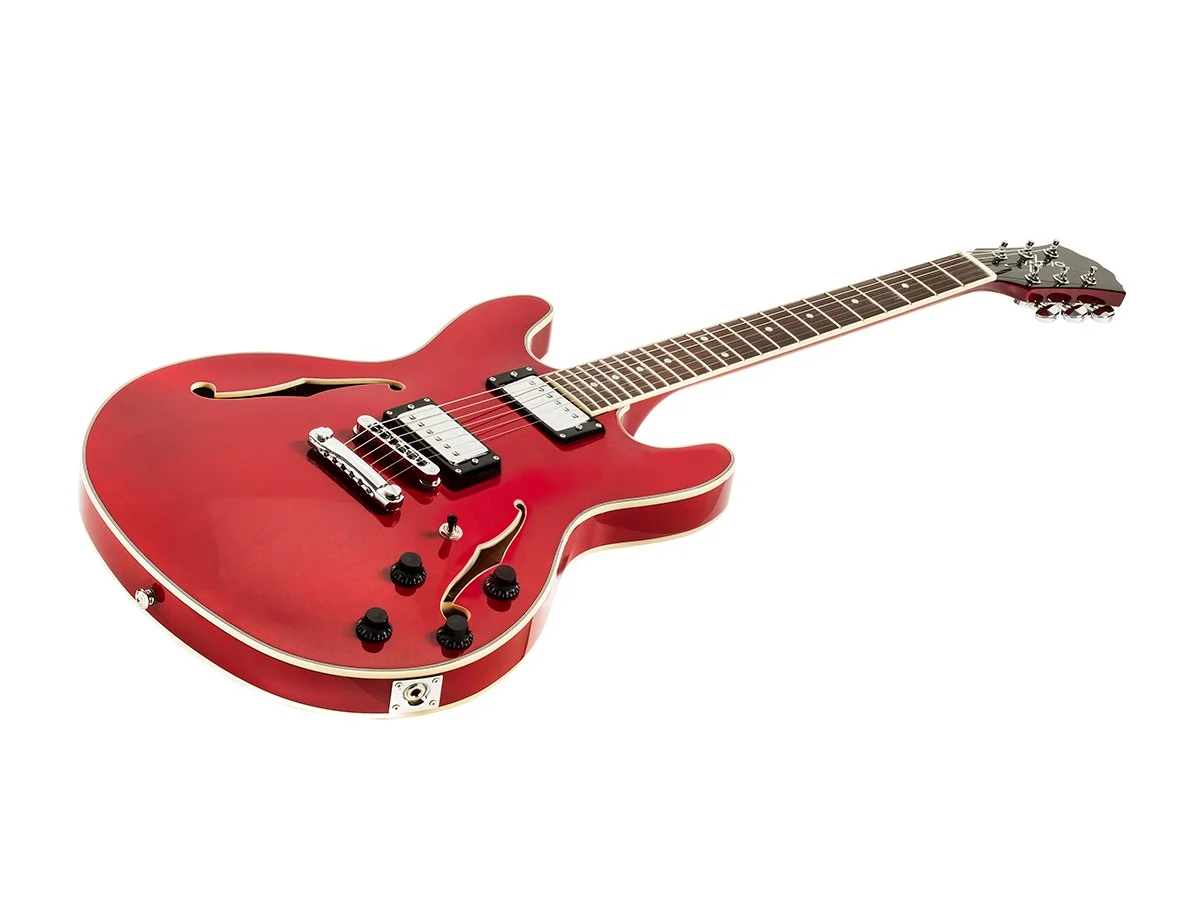 Monoprice Indio Boardwalk Hollow Body Electric Guitar - Trans Red, With Gig Bag - Curated Treasures Market