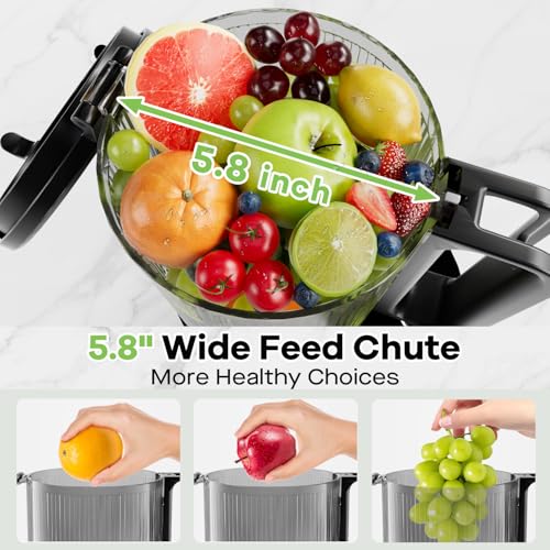 Cold Press Juicer, 5.8" Wide Feed Chute Juice Extractor Machine with 400W, High Juice Yield, Slow Masticating Juicer for Whole Vegetables & Fruits, Metallic Silver