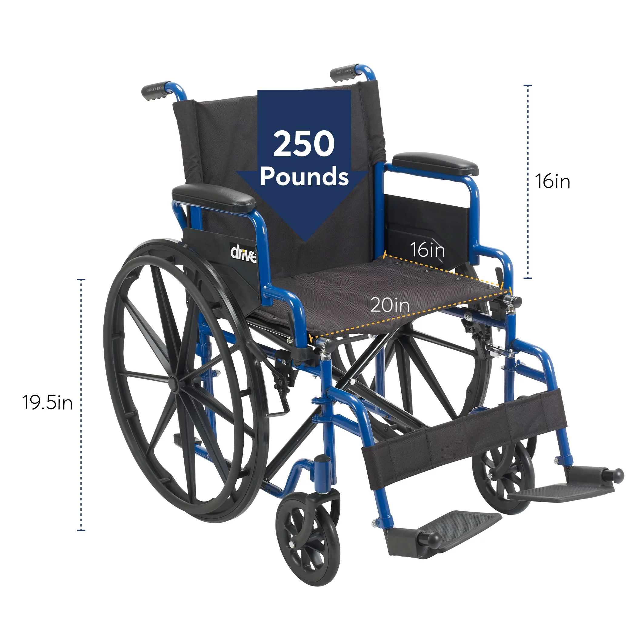Drive Medical Blue Streak Wheelchair with Flip Back Desk Arms, Elevating Leg Rests, 20" Seat