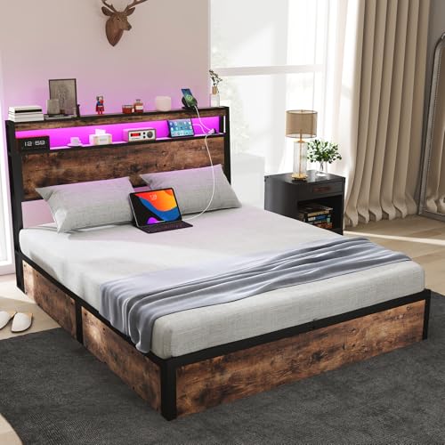 SADENICEL Queen Bed Frame with Storage Headboard and 4 Drawers, Metal Platform Bed Frame with LED Light, Charging Station, No Box Spring Needed, Noise Free, Easy Assembly, Vintage Brown