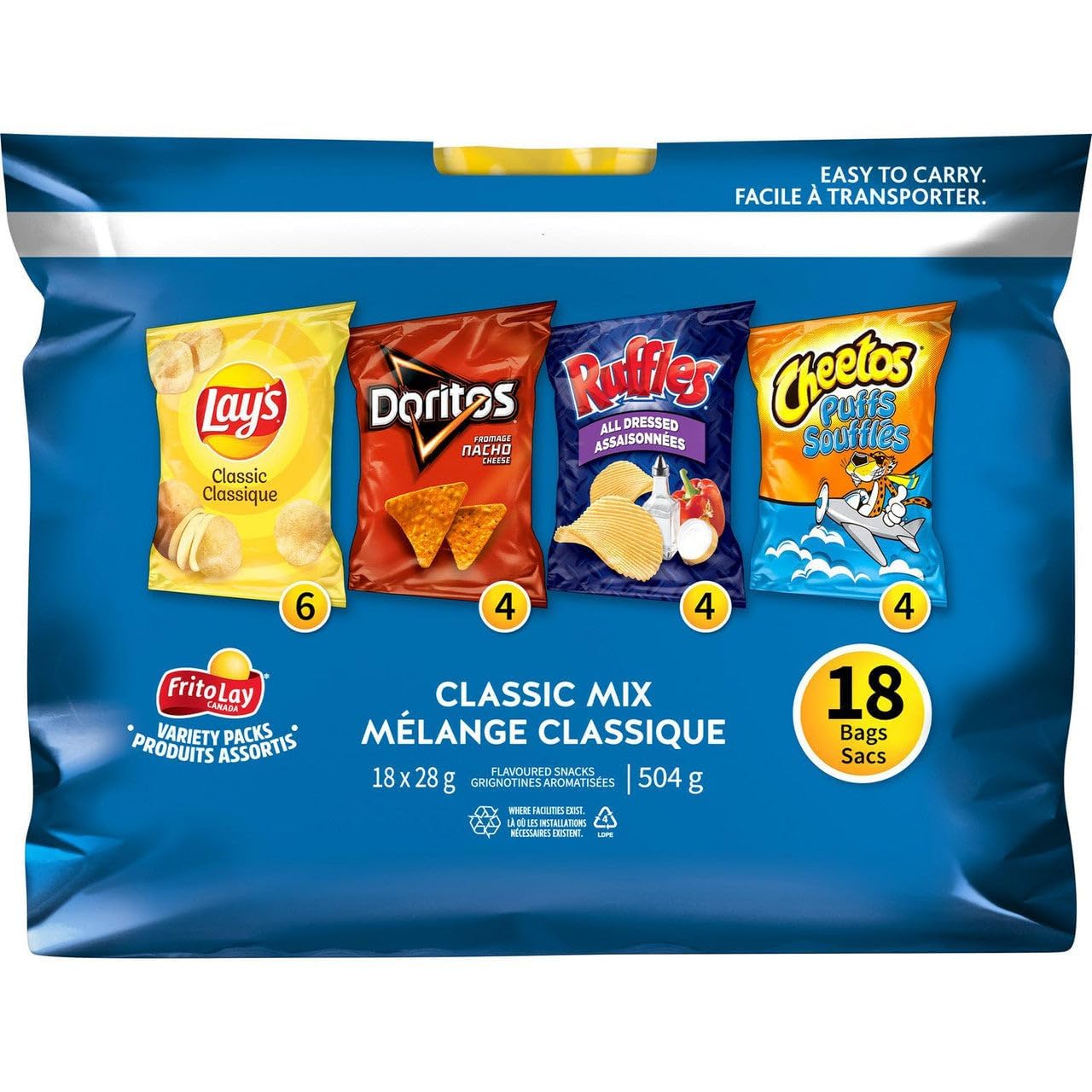 Lays Classic Variety Mini Bags Pack, Lays, Ruffles, Doritos, Cheetos Chips, Pack of 5 (18ct x 28g/1 oz.) Shipped from Canada