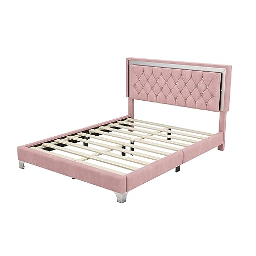 3-Pieces Bedroom Furniture Sets, Queen Size Upholstered Platform Bed with LED Lights and 2 Nightstands, Velvet Platform Bed with Crystal Tufted Headboard,Strong Wooden Slats, Metal Legs (Gray-P3A01)
