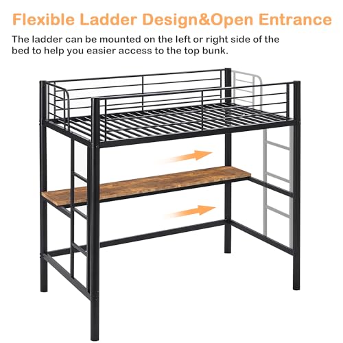VECELO Metal Loft Bed Twin Size, Heavy Duty Bedframe with Removable Ladder and Safety Guardrail, Space-Saving, Noise Free, No Box Spring Needed, Off White