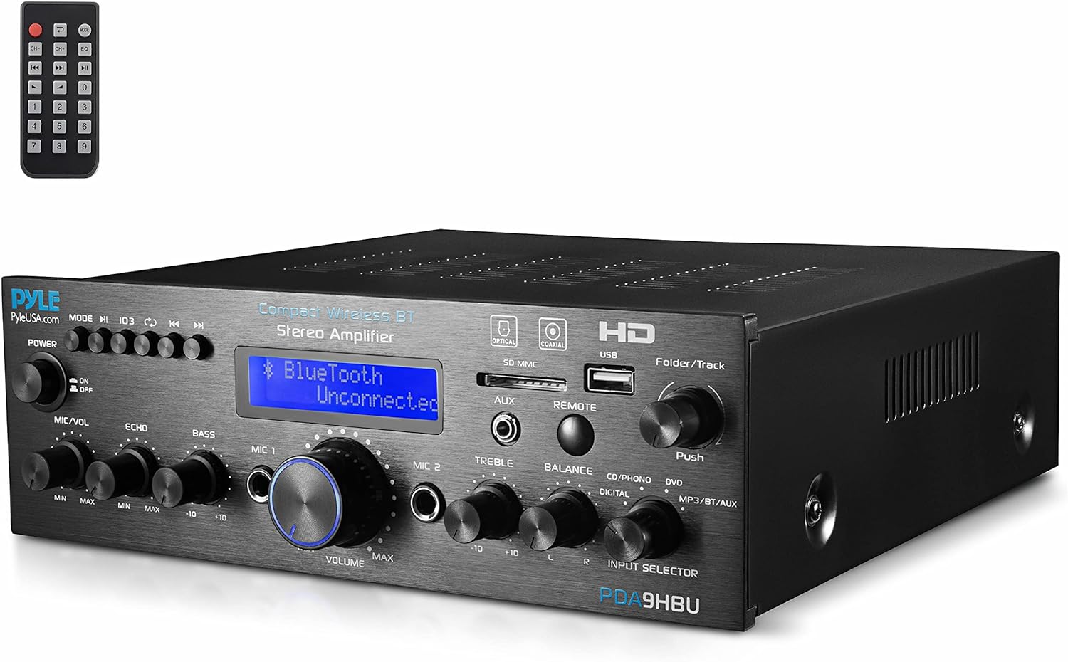 Wireless Bluetooth Home Stereo Amplifier - Multi-Channel 200 Watt Power Amplifier Home Audio Receiver System w/HDMI, Optical/Phono/Coaxial, FM Radio, USB/SD, AUX, RCA, Mic - Remote - Pyle PDA9HBU.5