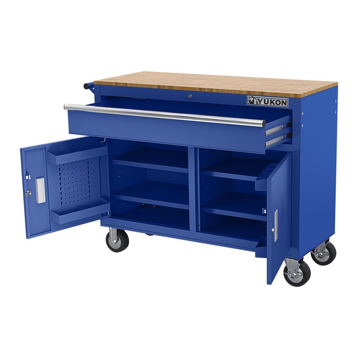 YUKON 46 in. Mobile Workbench with Solid Wood Top, Red