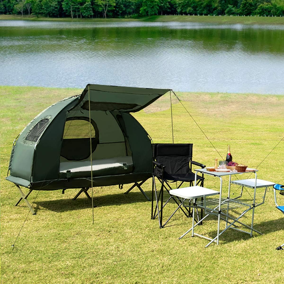Tangkula 2-Person Outdoor Camping Tent Cot, Foldable Camping Tent with Air Mattress & Sleeping Bag, Waterproof Elevated Camping Tent with Carry Bag, Portable Camping Tent Cot