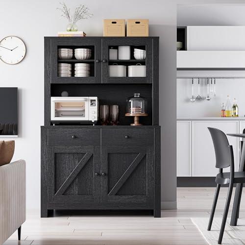 Kitchen Pantry Cabinet with Microwave Stand, Freestanding Hutch Cabinet with Buffet Cupboard, Tall Kitchen Cabinets with Adjustable Shelves for Kitchen, Dining Room, White