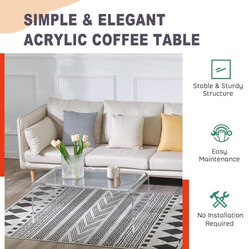 Acrylic Coffee Table, 44" L x 16" W x 16" Hx 4/5'' Thick Rectangle Clear Coffee Table, Modern Lucite Coffee Table Acrylic Furniture, Waterfall Coffee Table for Living Room, Office and Bedroom