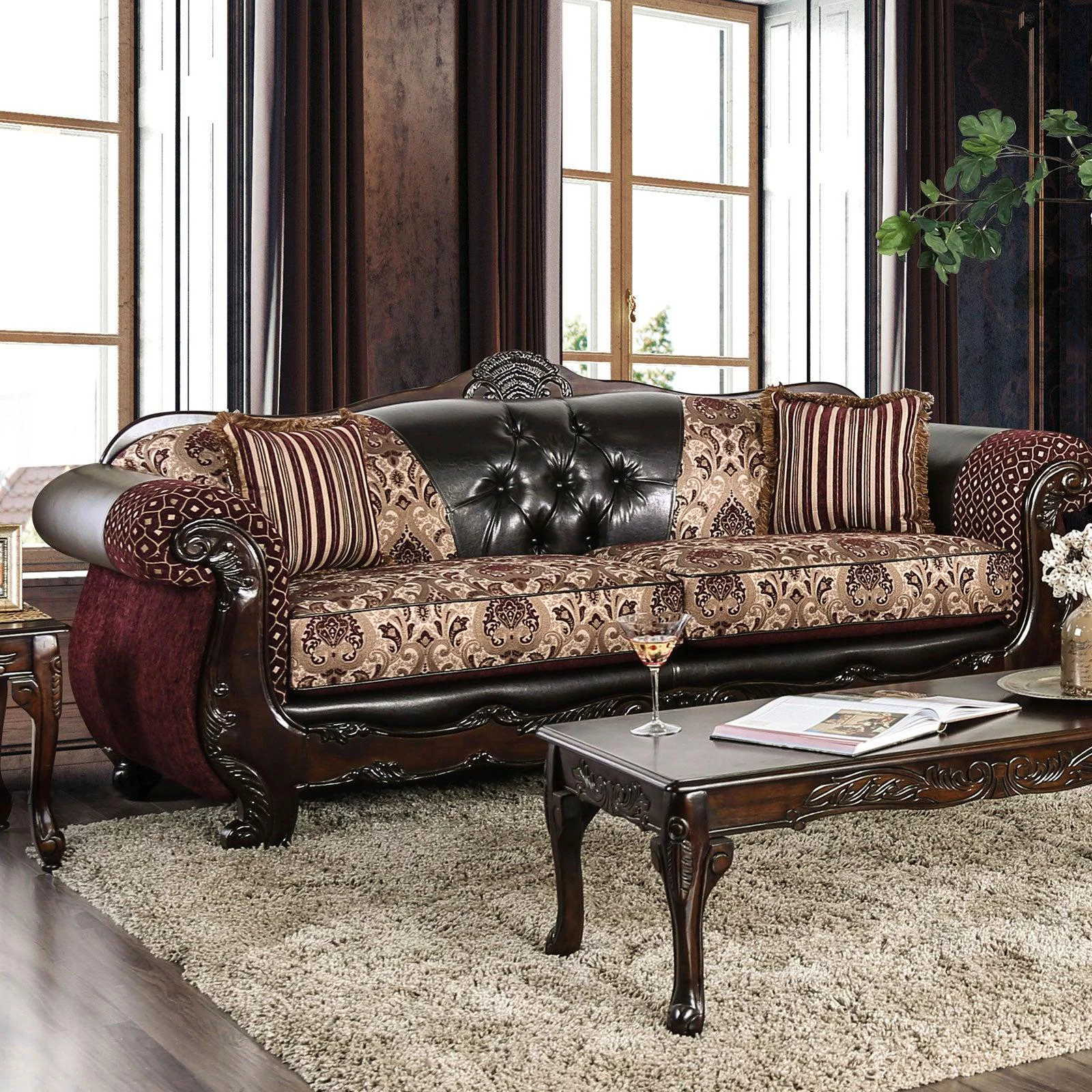 Traditional Burgundy & Dark Brown Chenille Sofa and Loveseat FOA Quirino