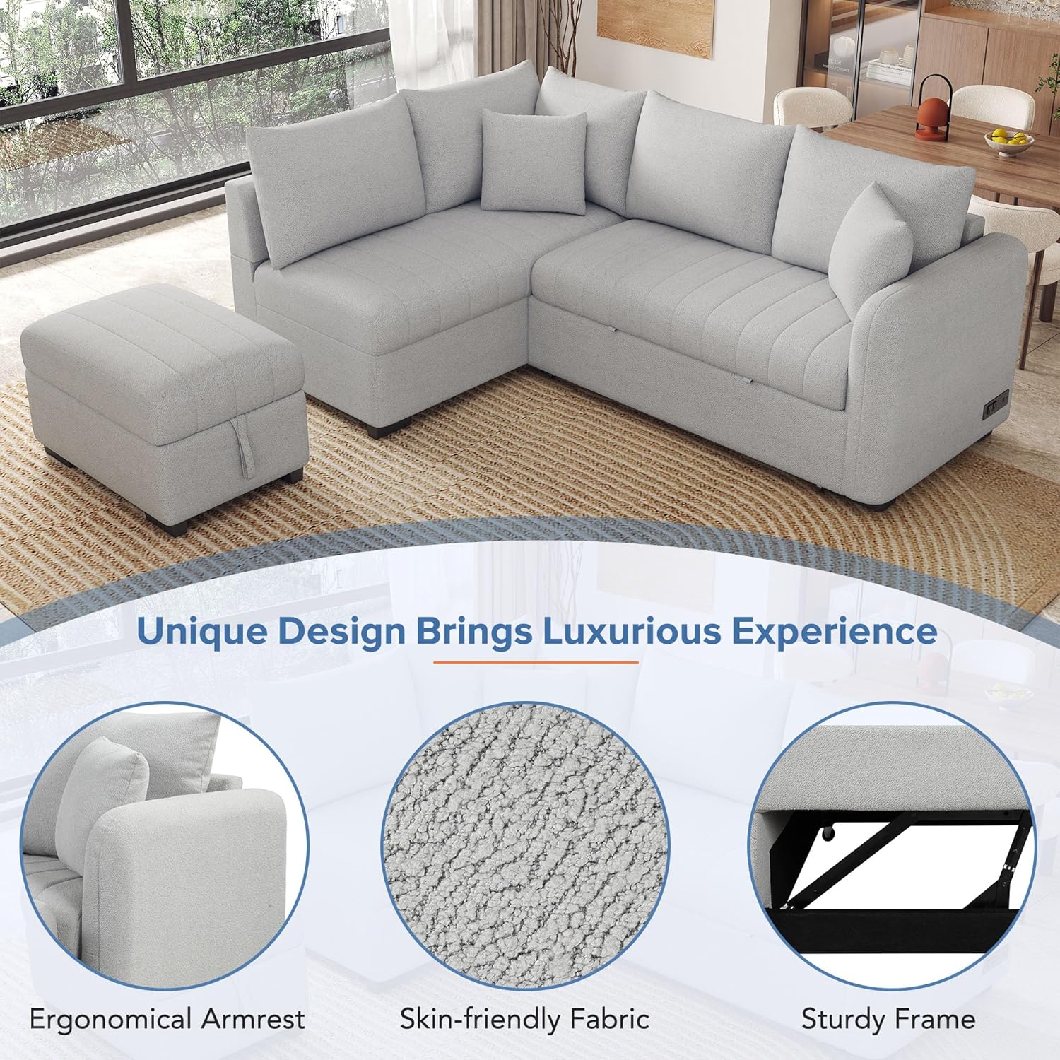 82.6" L-shaped Sectional Pull Out Sofa Bed Sleeper Sofa with Two USB Ports, Two Power Sockets and a Movable Storage Ottoman, Gray