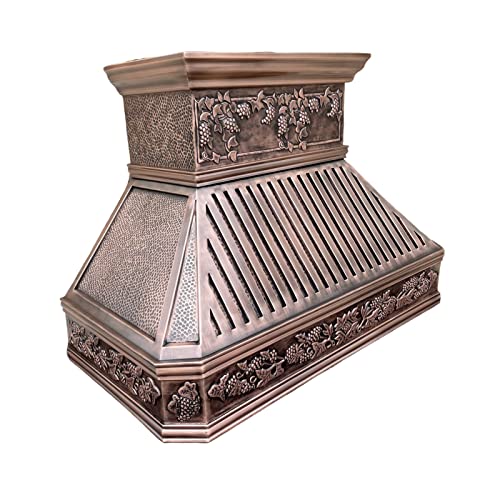 SINDA Copper Kitchen Oven Range Hood with Range Hood Insert Antique Copper Patina and Oil Rubbed Bronze Decorative Bars, Grapevine Design Square Head, H14BTRA