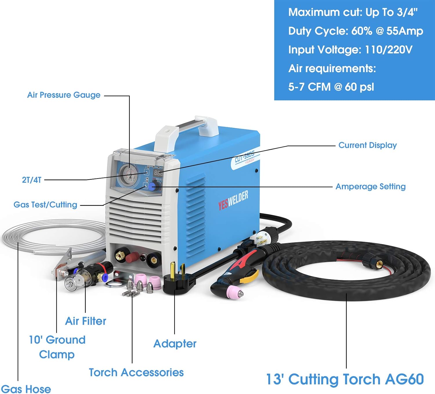 YESWELDER CUT-55DS 55Amp Non-Touch Pilot Arc Air Plasma Cutter 1/2 Inch Clean Cut, Digital 110/220V Dual Voltage IGBT Inverter Plasma Cutting Machine with ETL Approved