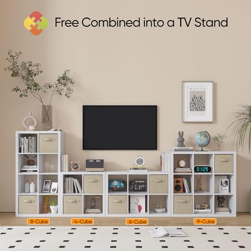 9 Cube Storage Organizer White, Wood Cube Storage with Bins, Modern Open Bookcase, Multifunctional Display Organizing Shelves for Living Room, Bedroom, Home Office, White