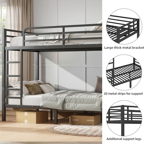 Twin XL Over Twin XL Bunk Bed, Metal Bunk Bed Frame Heavy Duty Bunk Beds Loft Bed Frame with Ladder and Guardrail Metal Slats No Box Spring Required for Adults Teens, Black