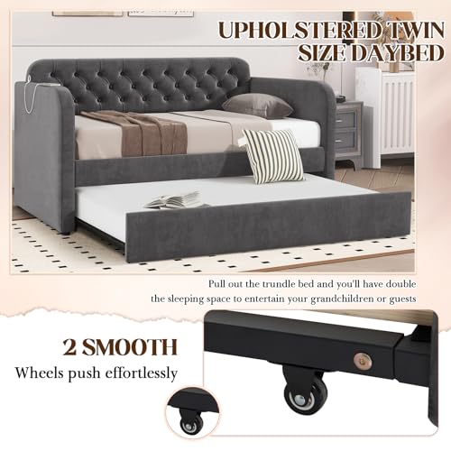 Antetek Twin Daybed with Trundle, Upholstered Velvet Daybed w/Pull Out Trundle Bed, USB Ports, Button Tufted Day Bed Frame for Living Room, Apartment, No Box Spring Needed, Beige