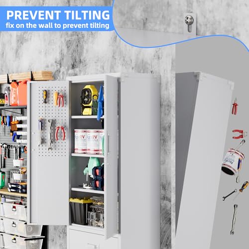 Aobabo 73''H Metal Garage Storage Cabinet with Wheels and Pegboards, 4 Adjustable Shelves Steel Storage Cabinets for Home,Warehouse,Garage,Assembly Required,White