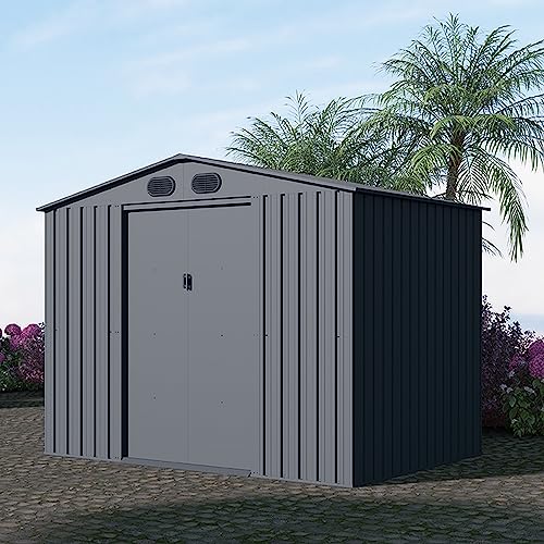 Industrial Outdoor Large Metal Storage Shed 6x8Ft, Anti UV Galvanized Steel Storage House with 4 Vents and Double Sliding Door, Weather-Resistant for Backyard, Patio, Lawn