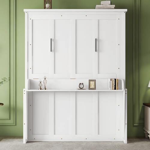 Queen Size Murphy Bed Wall Bed with 2 Side Cabinet Storage Shelf & Desk Combo,68-inch Vertical Wall Bedframe w/Can Be Folded for Bedroom Guest Room Small Space, White