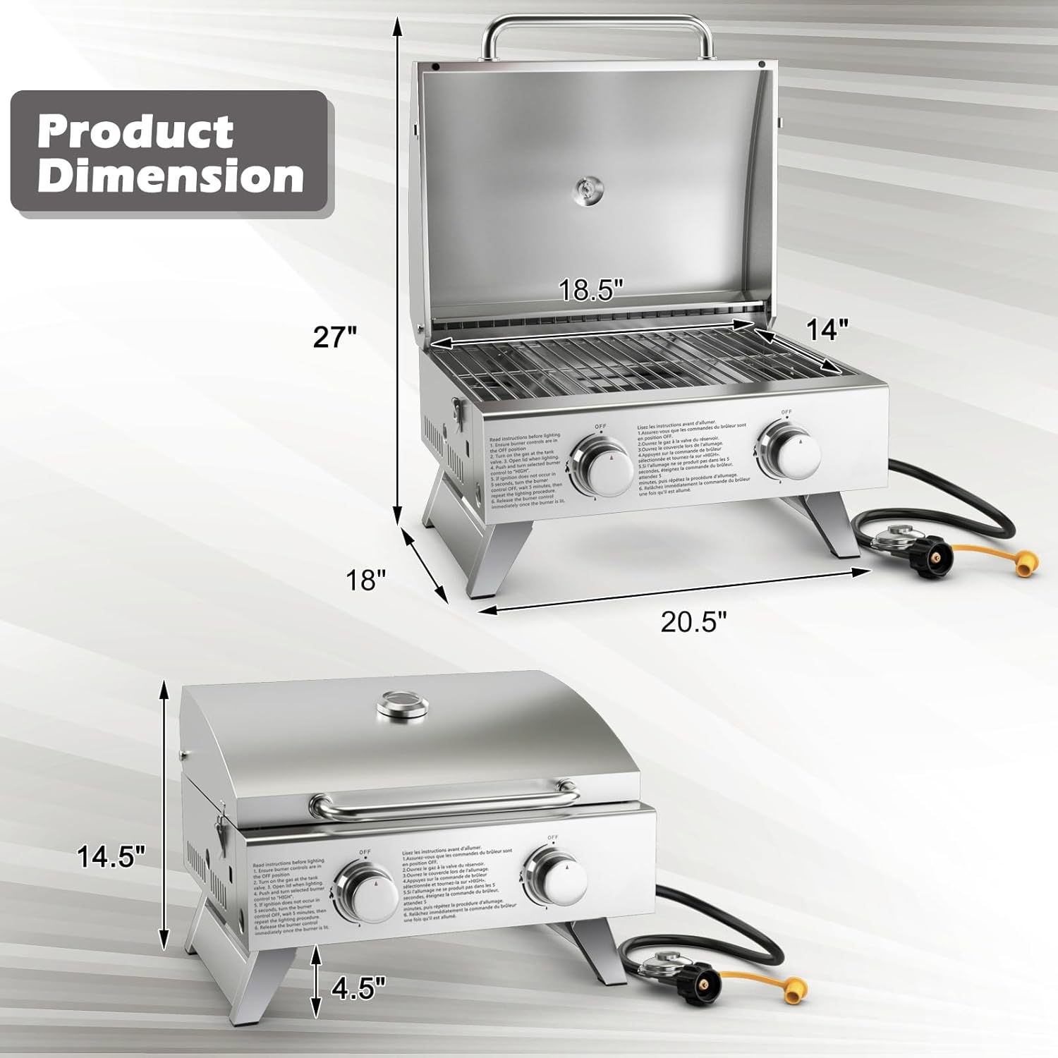 Giantex Portable Gas Grill - Tabletop Propane Grill with 2 Burners, 20,000 BTU total, Built-in Thermometer, Foldable Legs, Regulator Hose, Stainless Steel BBQ Grill for Outdoor Camping Barbecue