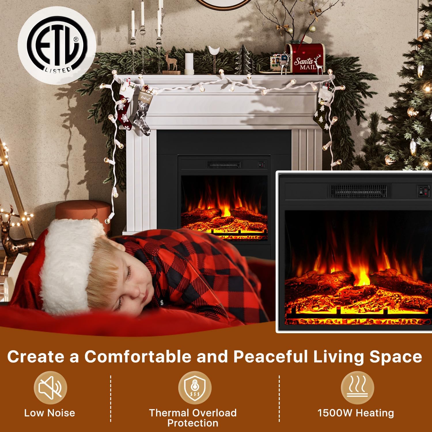 Electric Fireplace with 43" Mantel, 18 inchs Electric Fireplace Insert, Freestanding TV Stand with Fireplace Heater, Faux Log & Led Flames, 1500W Fireplace for Living Room