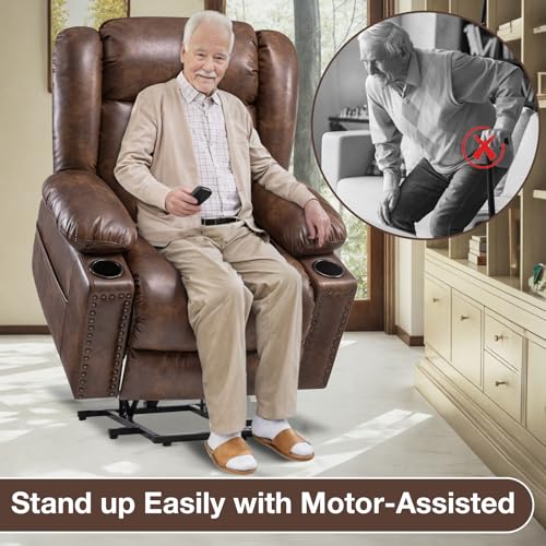 Large Power Lift Recliner Chair for Elderly with Heat and Massage, Lift Chairs for Seniors, 3 Positions, Breathable Leather, USB Ports, Cup Holder,Side Pocket, Light Brown
