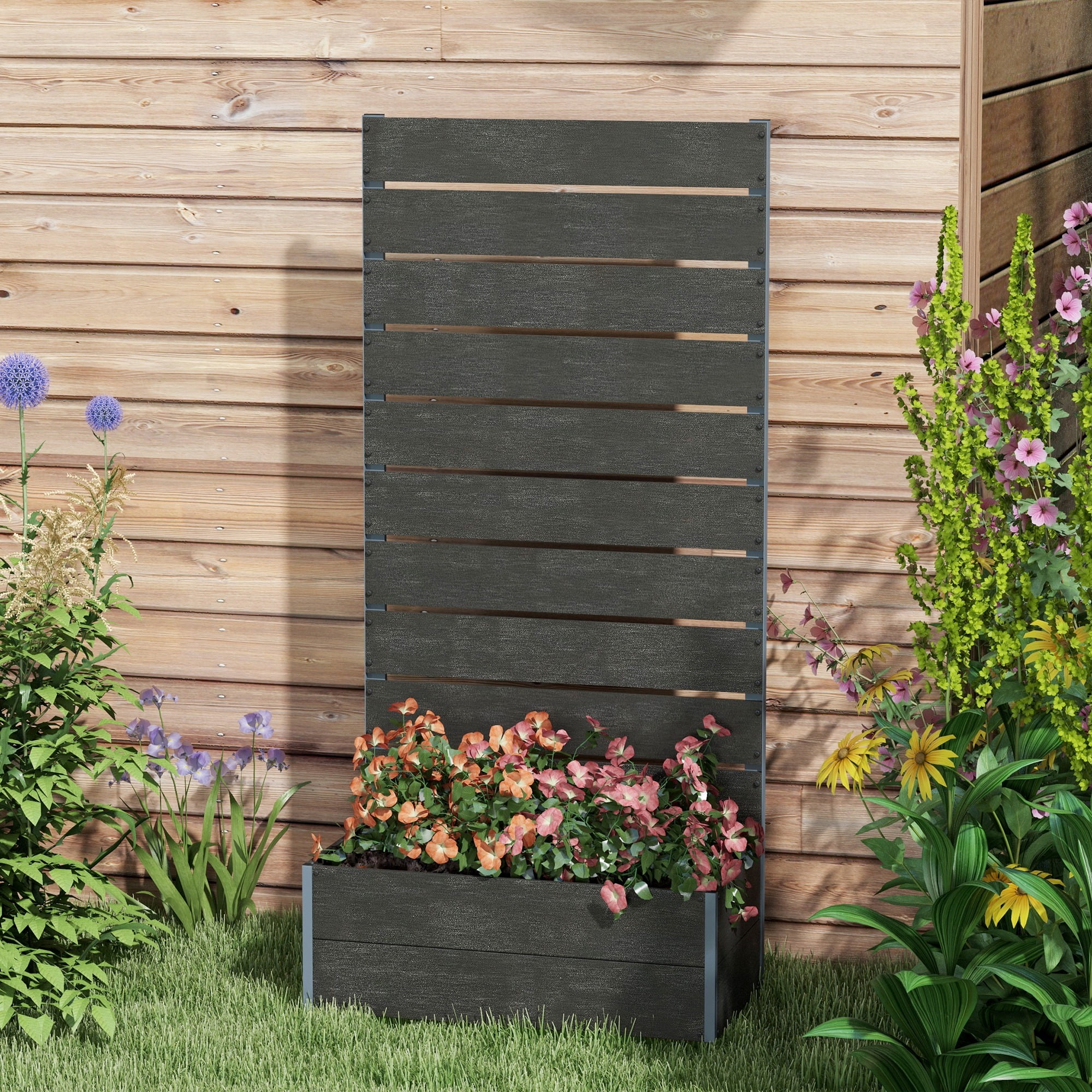 Outsunny Raised Garden Bed with Trellis for Climbing Plants & Vines, Black