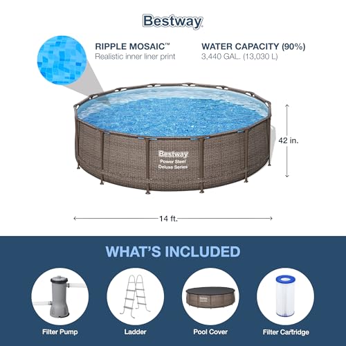 Bestway Power Steel 14’ x 42” Round Above Ground Outdoor Backyard Swimming Pool Set with 1,000 GPH Filter Pump, Ladder, and Pool Cover