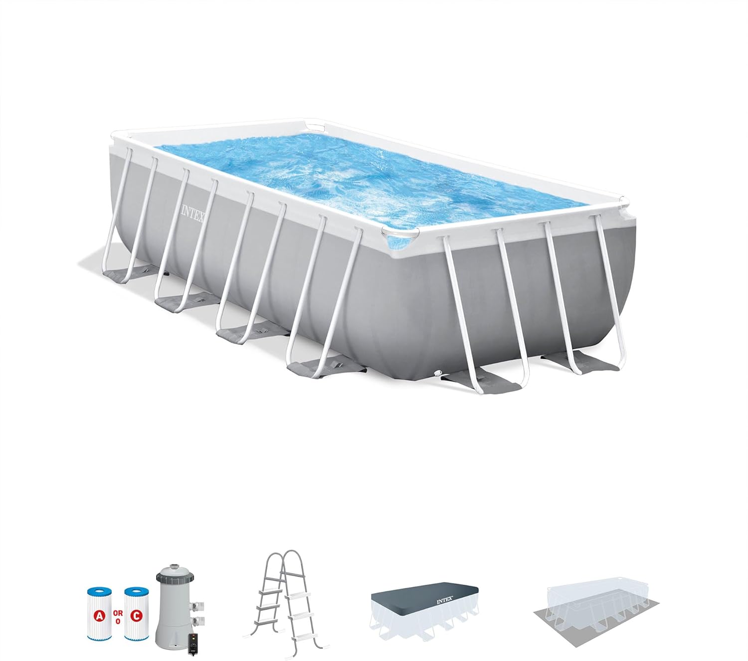 INTEX 26791EH Prism Frame Premium Rectangular above Ground Swimming Pool Set: 16ft x 8ft x 42in – includes 1000 GPH Cartridge Filter Pump – Removable Ladder – Pool Cover – Ground Cloth