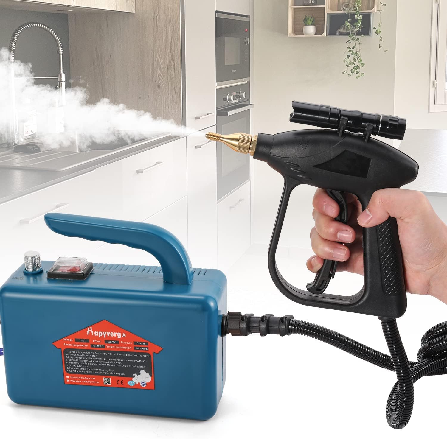 Hapyvergo High Pressure Steam Cleaner, 1700W Handheld High Temp Portable Cleaning Machine, Tankless for Home Use Grout Tile Car Detailing Kitchen Bathroom (Blue)