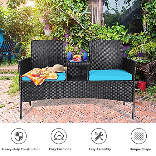 LDAILY Patio Conversation Set, Modern Rattan Loveseat, Outdoor Furniture Set with Removable Cushions & Table, Patio Wicker Sofa Set, Tempered Glass Top, Ideal for Garden Lawn Backyard