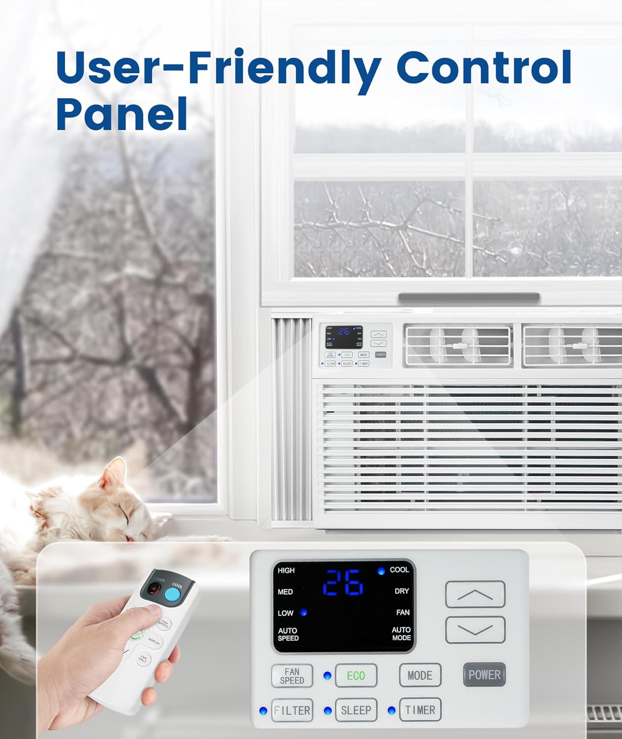 COWSAR Window Air Conditioner, 8000 BTU AC Unit with Remote Control for Rooms up to 350 sq ft. High Cooling Capacity, 4 Modes, LED Display, 24H Timer, Reusable Filter, Easy Install Kit