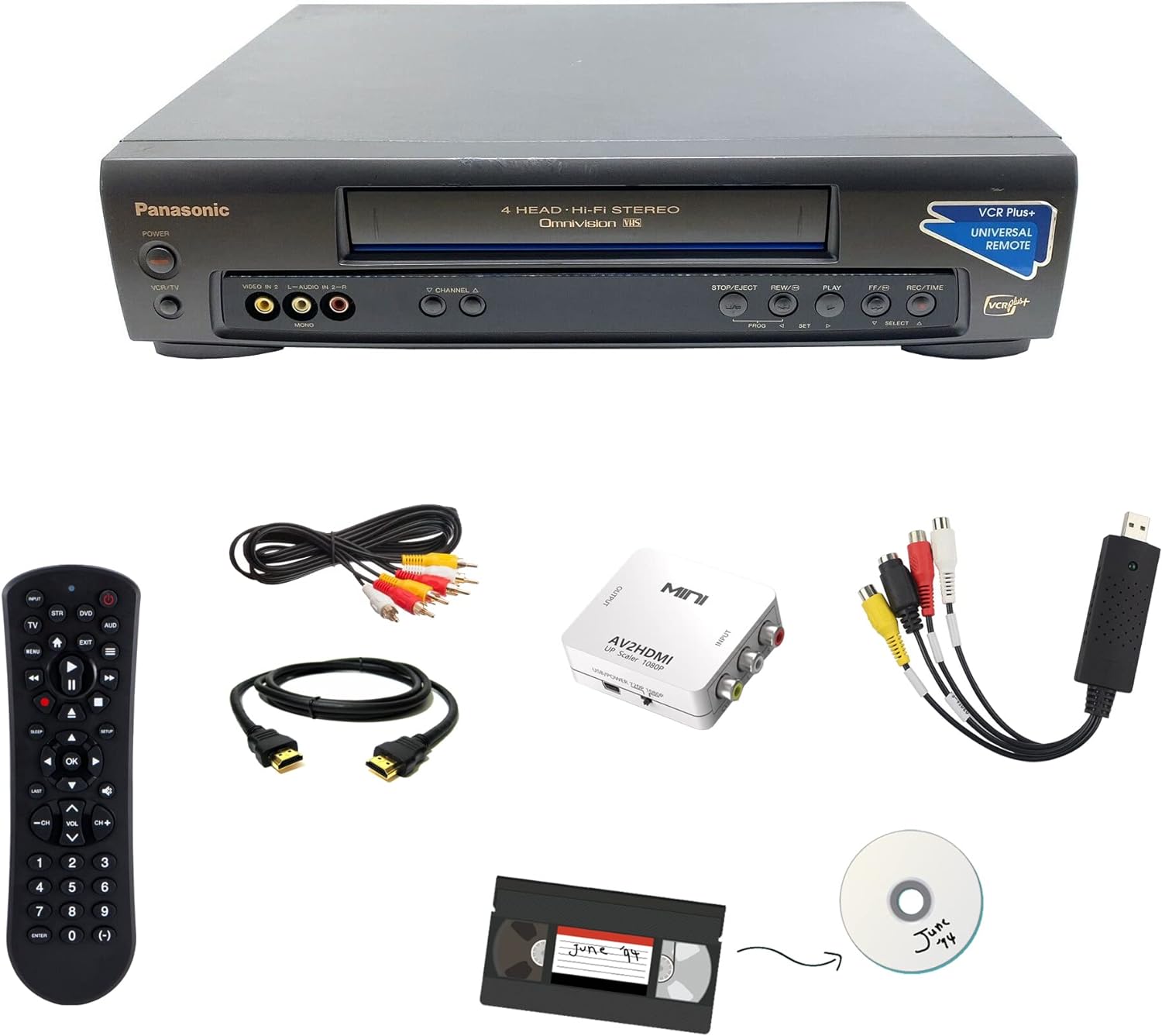 Panasonic VCR VHS Transfer Bundle w/remote, USB adapter, HDMI converter (Stereo)
