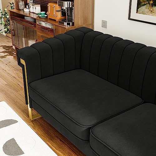 83" Modern Luxury Velvet Couch Comfortable 3 Seater Tufted Sofa Comfortable 3 Person Fashion Couches Solid Wood Frame Metal Legs for Living Room Office Playroom Furniture (P82-Black)