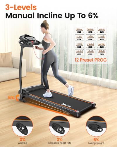 Treadmill with Incline, 3.0HP Foldable Treadmill for Home Office Small Space Portable Walking Treadmill 240 Lbs with 12 Preset PROG, LED Display, Speaker and Cup Holder