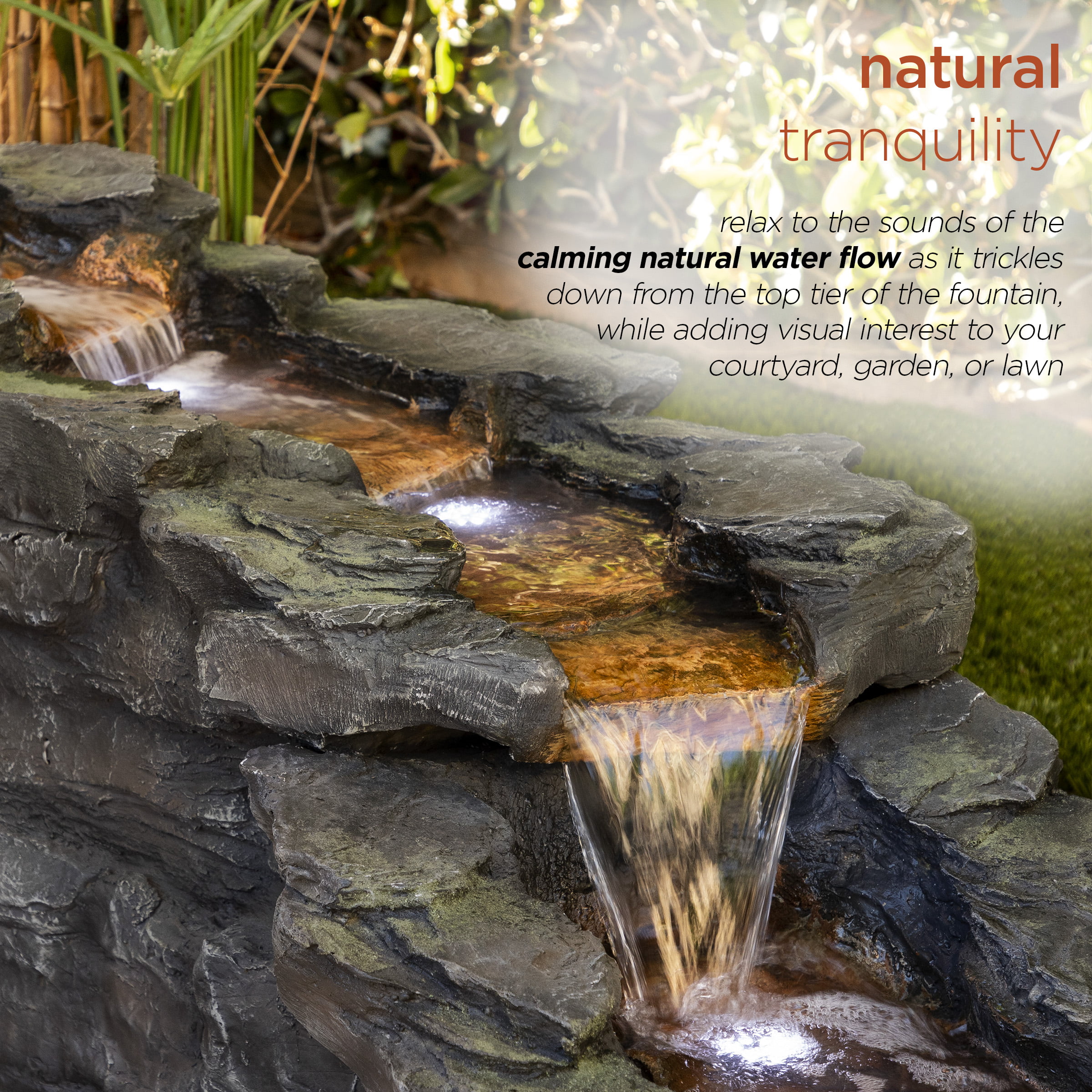 Alpine Corporation 76" Long Outdoor Tiering Rocky River Stream Water Fountain with LED Lights