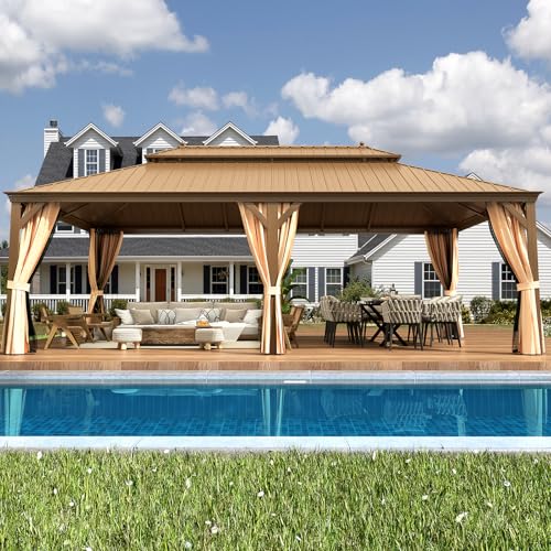 EROMMY 14'x20' Hardtop Gazebo Double Roof Galvanized Steel Canopy Outdoor Aluminum Frame Permanent Metal Pavilion with Netting and Curtains for Patio Backyard Deck and Lawns
