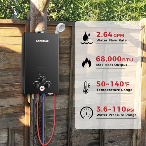 CAMPLUX 2.64 GPM Propane Portable Gas Water Heater, 68,000 BTU Outdoor Tankless Camping Water Heater with Digital Display, White