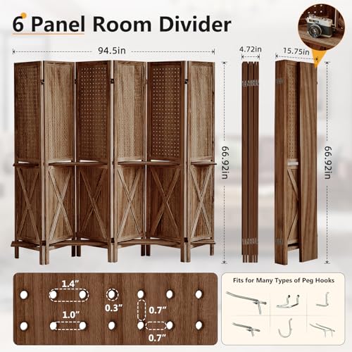 4 Panel Pegboard Display with 16 Hooks, Wooden Pegboard Room Divider Wall with Shelf, Rustic Room Dividers and Folding Privacy Screens, Bedroom, Jewelry Store, Brown