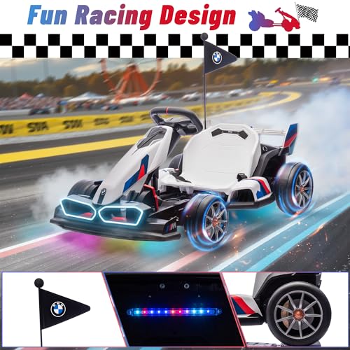 24V 9AH Electric Go Kart with Adjustable Seat, 7.5 MPH Drift Kart for Kids Age 6-12, 2 * 200W Motors, Drift Mode and 2 Speed, Licensed BMW (Grey)
