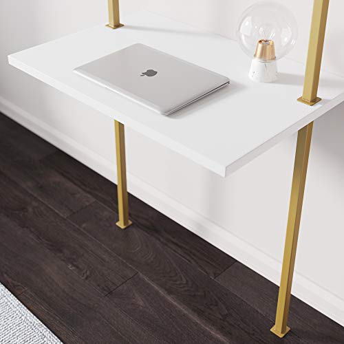 Nathan James Theo 2-Shelf Industrial Wall Mount Ladder Small Computer or Writing Desk, White/Gold Brass