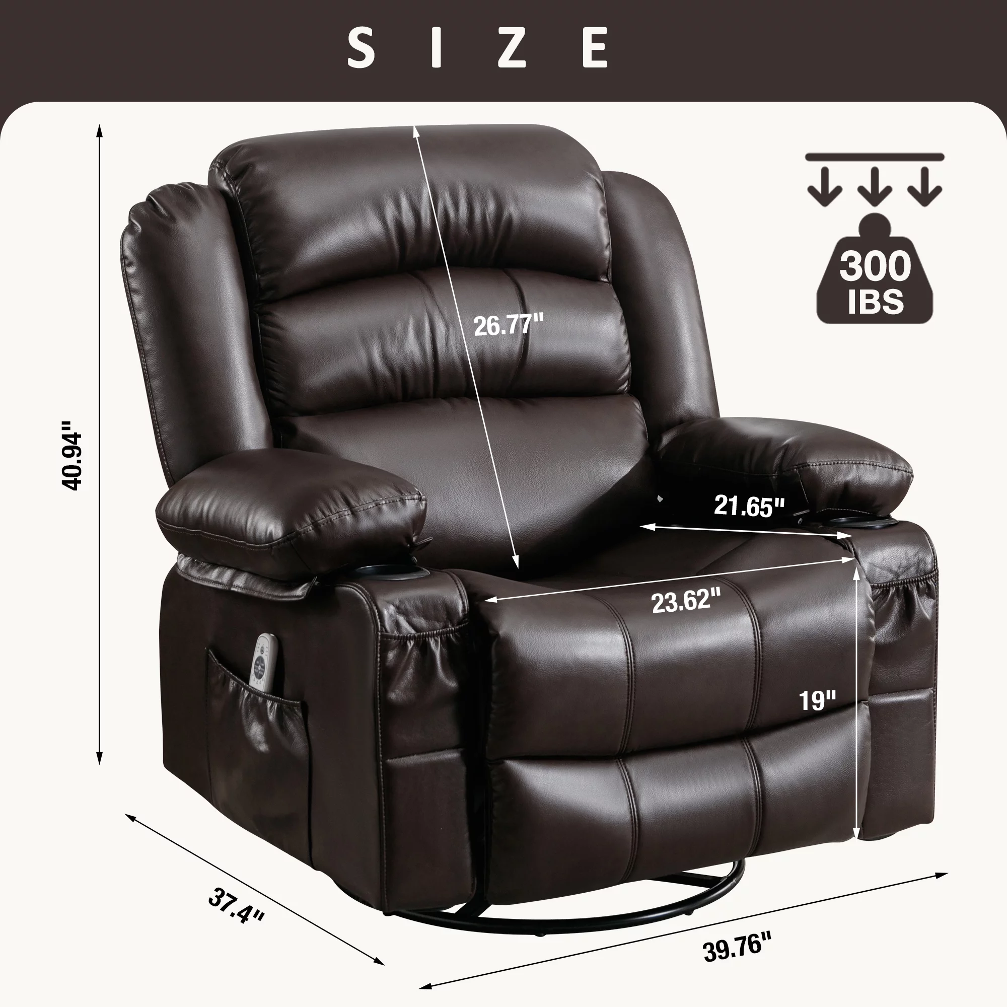 Massage Swivel Rocker Recliner Chair with Vibration Massage and Heat Ergonomic Lounge Chair for Living Room with Rocking Function and Side Pocket 2 Cup Holders USB Charge Port, Brown