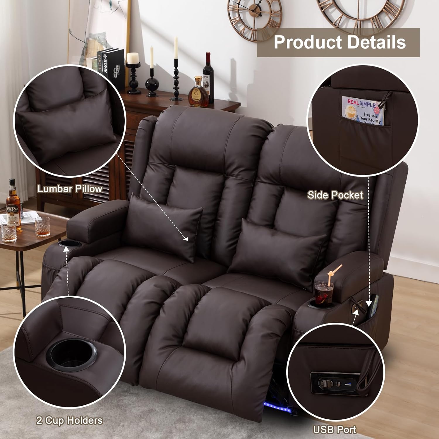 Home Theater Seating, Faux Leather Power Recliner Chair with Massage& Heat, RV Loveseat Sofa Theater Seats with LED Lights/Lumbar Pillow/Cup Holders/Side Pockets (Brown)
