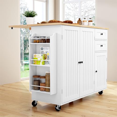 HLR Kitchen Island with Storage, Rolling Kitchen Island on Wheels with Drop-Leaf Bar Countertop, Island Table for Kitchen with Side Open Spice Rack and Tower Rack, Extra Storage for Kitchen