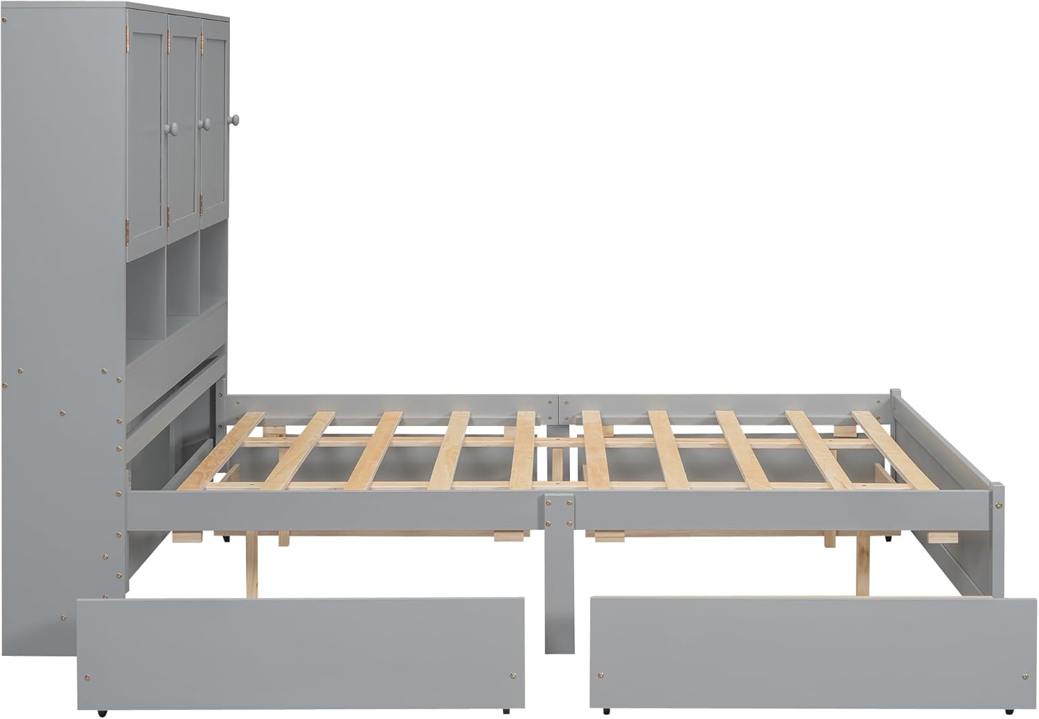 Queen Size Bed Frame, Wooden Platform Bedframe with Storage Headboard, 4 Drawers and Cabinets, No Box Spring Needed, Gray